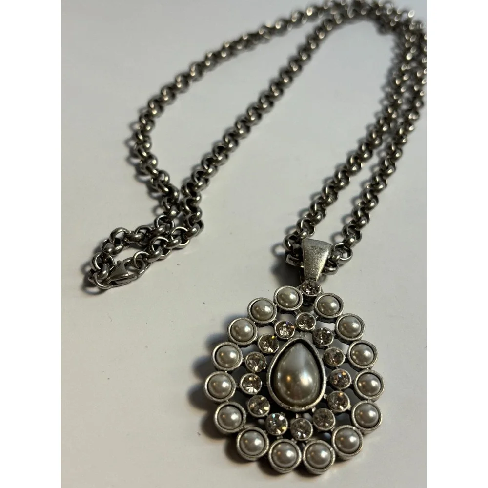 Pendant Necklace Silver Tone Faux Pearl Chunky Maximalist Boho Design‎
